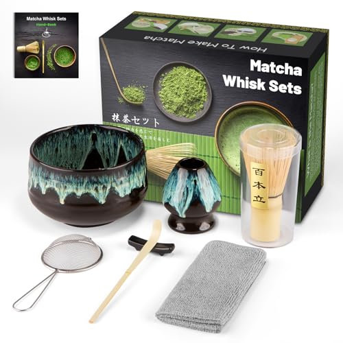 7PCS Matcha kit ceremonie japonais, Cuillère en bambou, pelle en bambou, Porte-Fouet, Coffret matcha pour la cérémonie du thé, la boisson (Sand-Gold, BAMBOO)