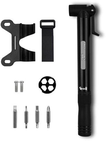 HOUSON Pompa per bicicletta compatta multifunzione con pompa di emergenza integrata, struttura leggera in alluminio + set di attrezzi 8 in 1 (adattatore per valvole francesi)