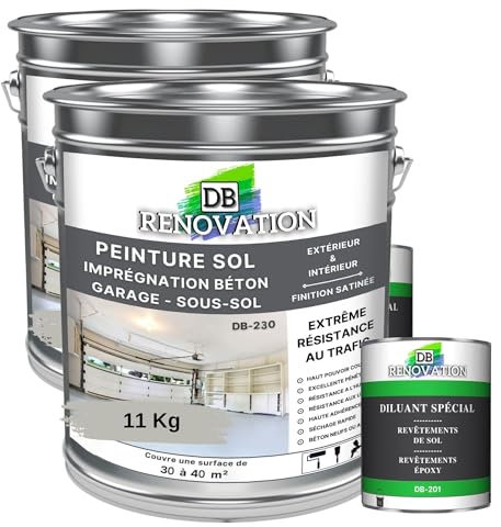 DB Rénovation PEINTURE SOL BETON Industriel - Garage, sous-sol - Extrême trafic intérieur, extérieur - Haute résistance - Gris soie - Kit 11KG + 1L Diluant