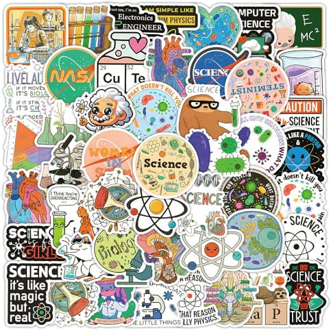 110 Pcs Science Stickers for Adults & Teens, Fun Cartoon Vinyl Decal Pack, Waterproof Science Themed Stickers for Laptop, Water Bottle, Phone Case, Scrapbook, Journal, Skateboard, Teacher Prizes