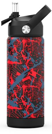 Boys Water Bottle with Straw,550 Ml Kids Insulated Cups with Stainless Steel Leak Proof for School,Sport&Travel (Geometry-Red)