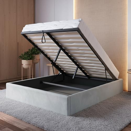 Home Collective Polsterbett, 120x200/140x200/160x200 Stauraumbett, Schlafzimmerbett, Bett mit Stauraum Lattenrost Metallrahmen Samtpolsterung Doppelbett platzsparend ohne Kopfteil 140x200 cm | Grau
