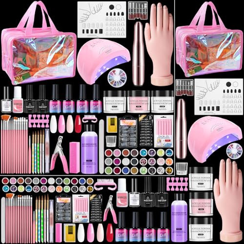 Acrylic Nail Kit for Beginner with Everything, Practice Hand Large Holo Bag | Nail Starter Kits with 48W UV Lamp, Nail Drill, Gel Polish Set, Acrylic Powder, Monomer, Glitter, Sequin for Women Salon Home