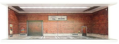1/64 Backstein Garage Diorama Miami mit LED,Acryl Vitrine für Modellautos | Retro Rennwerkstatt mit Rolltor & Backsteinoptik, staubdicht stapelbar, ideales Geschenk für Rennsport-Fans