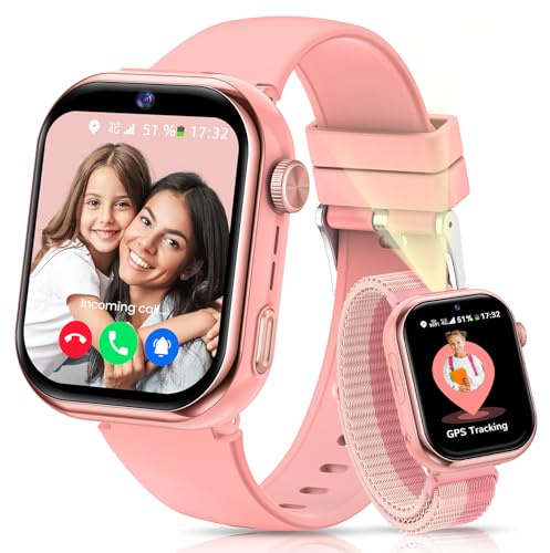 Smartwatch Kinder mit GPS und Telefon, Kinderuhr mit Videoanruf Voice Chat, Zwei-Perspektiven, SOS, Schulmodus, SMS, Taschenlampe, Schrittzähler, Wecker IP68 Kinder Smartwatch für Mädchen Jungen, Rosa