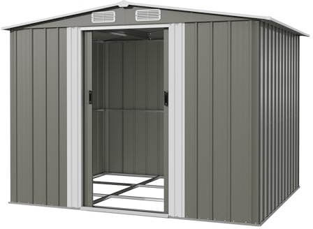 Devoko Gerätehaus Metall Groß, 234 x 200 x 192 cm, 8.9 m³ Geräteschuppen mit Fundament, Schiebtür und Pultdach, Inkl. Handschuhe, Gartenschuppen für Rasenmäher Fahrräder, Grau