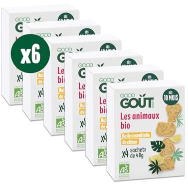 GOOD GOÛT - Biscuits Animaux Tout Bio À L'huile Essentiel De Citron - Biscuits Pour Bébé - Dès 10 mois - Sans Huile De Palme - 41% Moins Sucrés - 4 sachets - Lot de 6