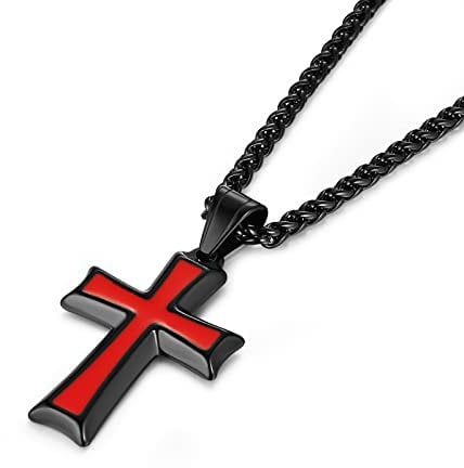 HZMAN Herren Edelstahl Kreuz Anhänger Halskette Schmuck Geschenk mit Weizenkette (Schwarz Rot)
