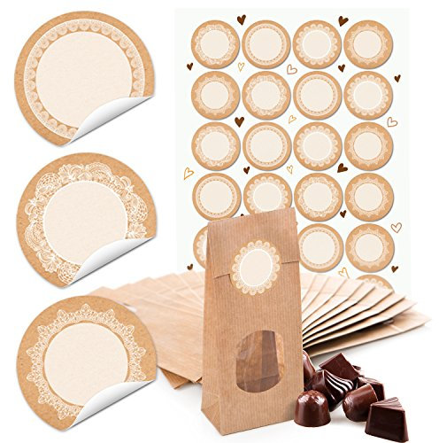 Logbuch-Verlag 10 kleine Sichtfenster Tüten Papierbeutel 7 x 4 x 20,5 cm + 24 blanko Aufkleber 4 cm Kraftpapier beige braun für Lebensmittel