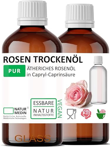 ROSEN TROCKENÖL 100-ml ESSBAR, nicht fettendes Rosen-Öl, Gesichts-öl, Körper-Öl Glas NATURMEDIN® (2 x 50-ml)