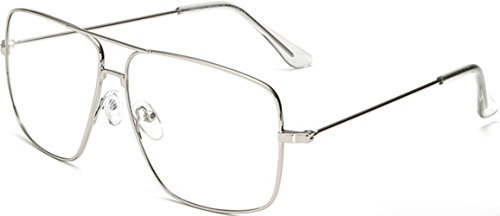 J&L Glasses Large Square Retro Outray Classic Men's Or Women's Metal Frame Glasses (Silver)