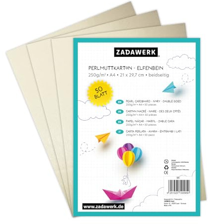 ZADAWERK® Perlmuttkarton - 250 g/m²- A4 - Elfenbein - 50 Blatt - Perlig schimmerndes dickes Dekorpapier zum Karten basteln und bedrucken - Hochzeit - Geburt
