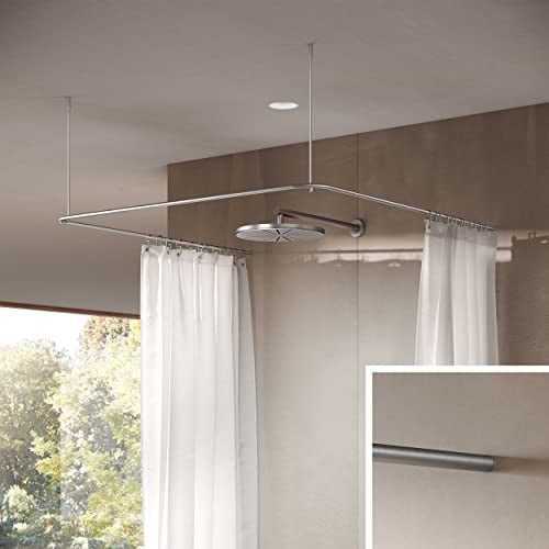 Duschvorhangstange in U-Form, 100 x 100 x 100 cm, Edelstahl matt gebürstet, Deckenträger mit Vorbeiziehfunktion, Duschstange, Duschvorhangschiene, Winkelstange - PHOS Design