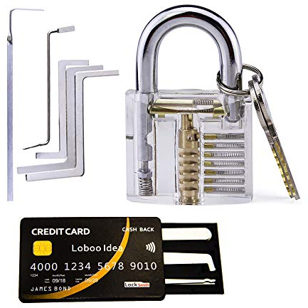 Loboo Idea Transparentes Übungstrainings-Vorhängeschloss Set mit 10-teiligen Schlosser-Dietrich-Werkzeugen inklusive Lockpicking und Spannschlüssel-Werkzeugen