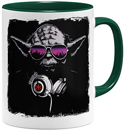OM3® Musik Deejay DJ Yoda Kaffee-Tasse - Keramik Becher- Musikmotiv Musik - 11oz 325ml - Beidseitig Bedruckt - Grün