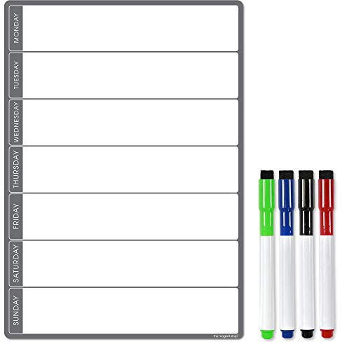 TMS Magnetischer Wochenplaner und Organizer A4 | Vollständig anpassbares Whiteboard für Familien-/Geschäftsaufgaben und Mahlzeitenplanung | mit kostenlosem Stift (Standard Grau 4 Stift, A4)