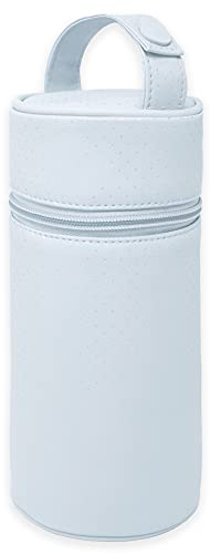 Duffi Baby Termo porta biberon polipiel bebe. Bolsa termica portabiberon caliente y frio. Funda isotermica para biberones o termo portatil. Cremallera y asa. Limpieza facil. Circulos Azul