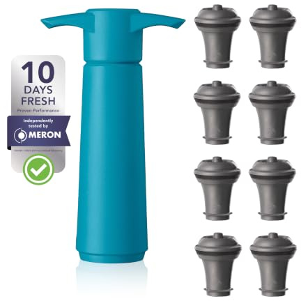 Vacu Vin Original Weinpumpe - 8 Vakuum-Weinstopfen - Wine Saver - Blau | 8 BPA-freie Weinflaschenverschlüsse, Weinvakuumpumpe, luftdichter Verschluss, wiederverwendbar, bis zu 10 Tage Frische