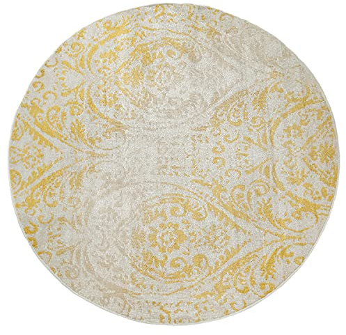 Paco Home Outdoor Teppich Rund Wetterfest Balkon Terrasse Küchenteppich Modern Vintage Pastell, Grösse:200 cm Rund, Farbe:Gelb