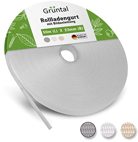 Grüntal® 50m Rollladengurt 14mm 23mm [Made in Germany] mit Anleitung- Für bis zu 8 Rollladen [Hohe Stabilität durch doppelte Webkanten]- schneller Rolladengurt-Wechsel