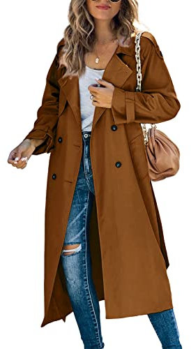 Makkrom Damen Zweireihiger langer Trenchcoat winddichter klassischer Revers schmaler Mantel mit Gürtel, 01 Braun, XL