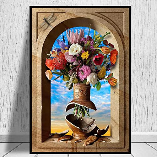 dsdsgog Vintage Fensterbrett Blume Leinwand Malerei Wandkunst Helle Bunte Blumenstrauß Poster Und Drucke Für Wohnzimmer Wohnkultur 60x90 cm Rahmenlos