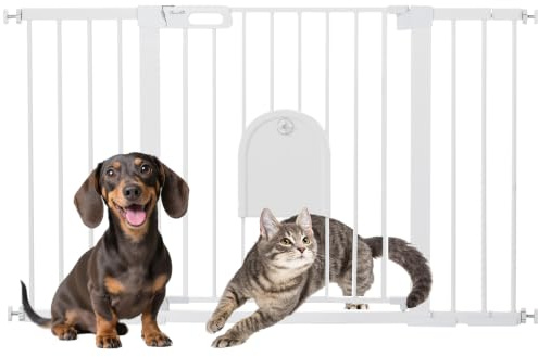 PawHut Cancellino per Cani Regolabile con Porta Piccola 75-131x76 cm Bianco | Gattaiola, Montaggio a Pressione, Barriera per Cani, Chiusura Automatica
