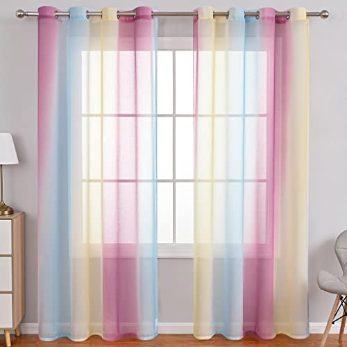 Lsimeru Gardine Farbverlauf Transparent Lila Blau Gelb Kinderzimmer Mädchen Jungen 2er Pack Regenbogen Sheer Vorhänge Durchsichtig Ösenvorhang Kindervorhänge Babyzimmer,140x160