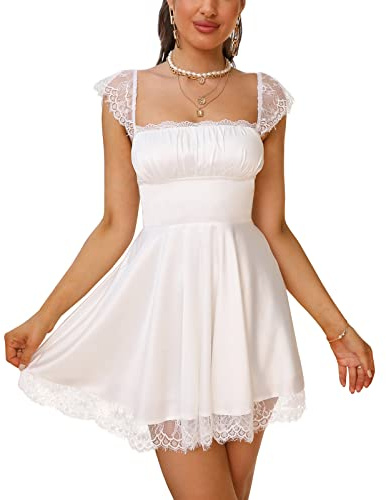 EYNMIN Women's Lace Strap Mini Graduation Dress Satin Square Neck Flowy A-Line Ruffle Swing Casual Short Dresses White M