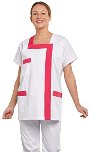Hurry Jump Blouse Medicale Femme idéal Blouse infirmière Femme Blouse Aide soigante Femme Col Carree Fermeture Pression 3 Poches Coloris par spécialité Blanc et Fushia T3