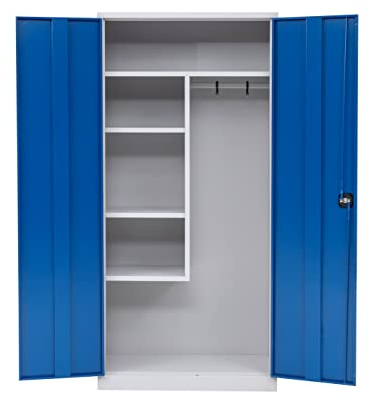furni24 Metall Putzmittelschrank–Wäscheschrank aus Stahl mit blauen Türen Zweipunktverriegelung incl. 2 Schlüsseln Kleiderspind Stahl Lagerschrank Werkzeugschrank fertig montiert-Grau 92x195x42cm
