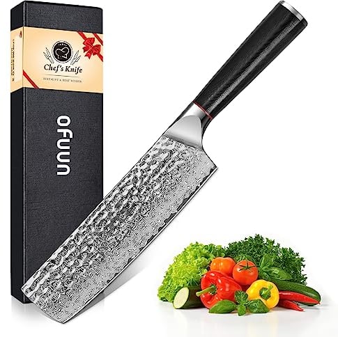 oFuun Cuchillos Nakiri Damasco, 17,4cm Cuchillos Cocina Profesional, Cuchillos Japoneses de 67 Capas de Acero Damasco, Cuchillo Chef para Cortar Verdura, Fruta, Carne y Pescado - Serie Loyal