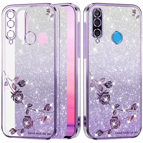 Yarxiawin Kompatibel mit Huawei P30 Pro hülle Silikon Glitzer Blumen, Clear Handyhülle Huawei P30 Pro Hülle Glitzer Durchsichtig, Schutzhülle Huawei P30 Pro hülle Transparent (Lila)