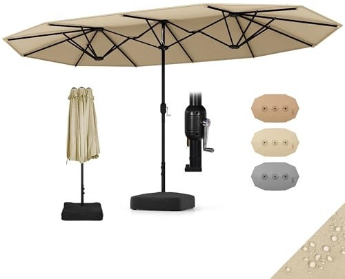 RELAX4LIFE Grand Parasol Double avec Pied 460X270 CM, Grand Parasol de Jardin Extérieur avec Manivelle, Polyester Anti-UV, Ventilé, 2 Sacs de Sable, Facile à Monter pour Terrasse Marché (Beige)