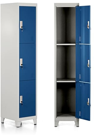 Brigros - Armadietto Metallico Multiuso, Armadio Spogliatoio Salvaspazio Con Serratura, Armadietto Vari Ripiani Con Ante In Metallo Per Ufficio O Spogliatoio (Blue, 3 Ante)