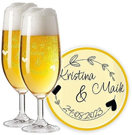 LALALO Leonardo Hochzeit Bierglas Geschenk-Set (2 St.) graviert, Biertulpe/Pilstulpe mit Gravur personalisiert als Hochzeitsgeschenk, Hochzeitstag, Standesamt (Kreisromantik)