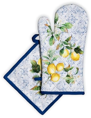 Maison d' Hermine Ofenhandschuh (19cm x 33cm) und Topflappen (20cm x 20cm) aus 100% Baumwolle, hitzebeständige Kombination für Grillen, Herren, Kochen, Hochzeit sowie, Citrus – Frühling/Sommer