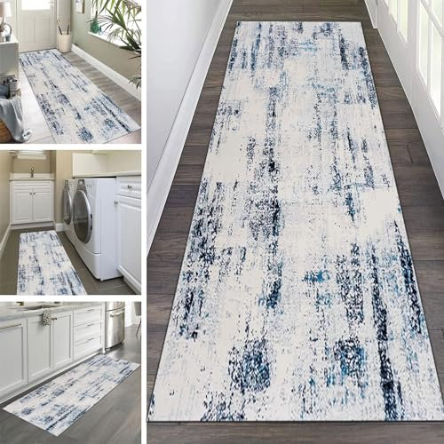 Alfombra de pasillo antideslizante para cocina, sala de estar, entrada, 150 cm, 2 m, 250 cm, 3 m, 350 cm, 4 m, 5 m, 6 m, alfombras lavables de área estrecha, alfombra decorativa, color blanco/azul ( S