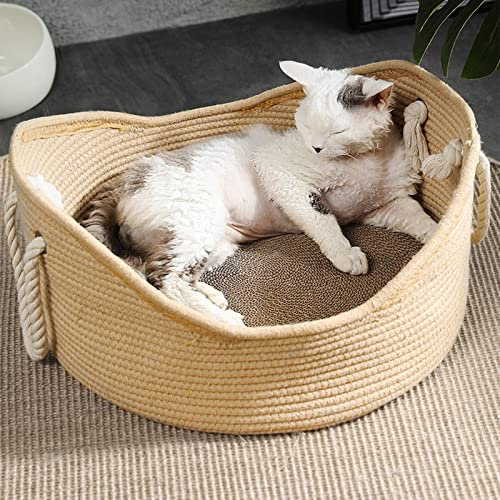 Wnvivi Lit pour chat, panier en osier fait à la main, griffoir ondulé pour chats d'intérieur et chiens