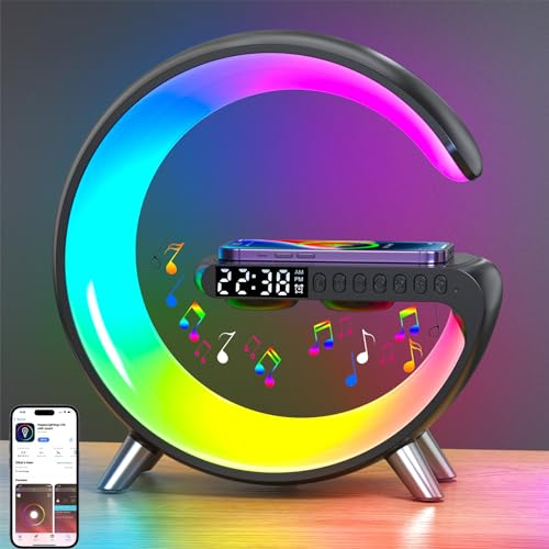 YeahBoom Nachttischlampe mit Uhr und Ladestation,Atmosphärenlampe,Tischlampe mit Bluetooth Lautsprecher,Intelligente LED Tischlampe,Touch Dimmbar,App Steuerung,Mit Musiksynchronisierung,Alarm Clock