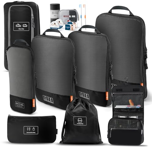 konqkin 15-Teiliges Set Compression Packing Cubes Platz sparen kann im Koffer & Backpack, Koffer Organizer Travel Essentials Zubehör für Reisen, Kompression Packwürfel Packtaschen - Schwarz Eiche