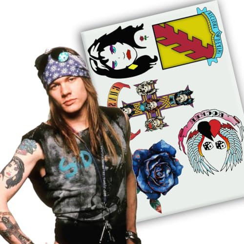 Yatatu - Set di tatuaggi temporanei Axl Rose - Per costumi - Carnevale - Halloween - Cosplay