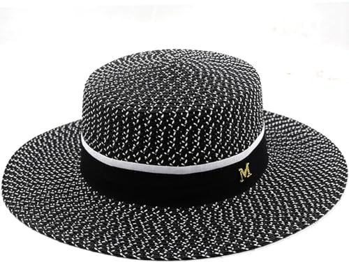 SOYNIA Sonnenhut Strohhut Hut Einfacher Streifen Im Hepburn-Stil Frauen Strand Mütze Damen Lässiger Hut Dame Mit Flacher Krempe Strohhut Mädchen Sonnenhut Adult55-58Cm Schwarz