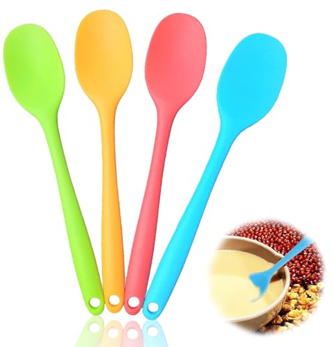 4PCS Multicolor Small Silicone Spoon, Long Handle Stirring Spoon, Silicone Sauce Spoon, Heat Resistant Baking Serving Spoon Silicone Cooking Tool 20cm (Green, Orange, Red, Blue)