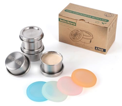 nicelock Dressing Behälter Edelstahl(4 Stück) Kleine Dosen Frischhaltedosen Mit Deckel Geeignet für die Aufbewahrung von Saucen | 50ml | Auswechselbare Silikonhülle | Auslaufsicher
