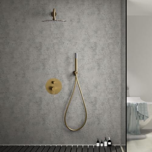 IMEX - Ducha Empotrada Monomando Dorada | Kit de Grifería Empotrado con Alcachofa y Rociador Antical Efecto Lluvia | Columna Ducha Empotrada con Grifo en Latón y Acero Inox S.304 | Serie Line