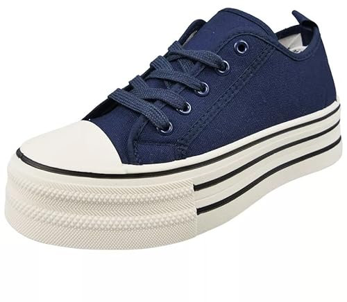 LoudLook Ladies Platform Trainers Canvas Pumps Gym Lace Up Comfy Heel Summer Casual Shoes Sizes Navy 5