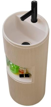 Standwaschbecken Rundes Standwaschbecken, Quarzstein-Standwaschbecken mit Stauraum, Bad-Standwaschbecken-Kombination mit Wasserhahn-Ablaufgarnitur und Eckventil Standwaschbecken(Milk Coffee-A)