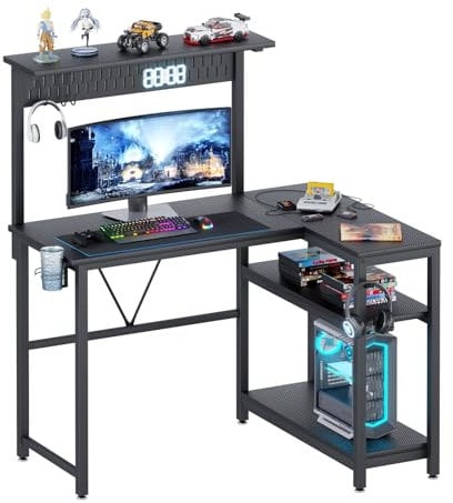 HEEYUE L-Shaped Gaming Desk with Pegboard,Reversible Corner Desk with 2-Layer Storages Shelves, Headphone Hook&Cupholder,Compuer Gamer Workstation for Home Office Game Room