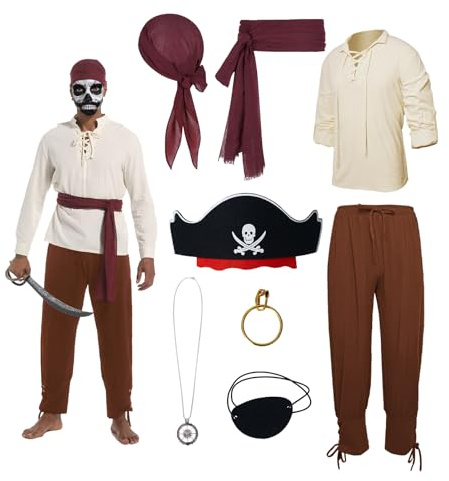 YRTBGD Costume de pirate pour homme, vêtements médiévaux, chemise médiévale, pantalon, bandana, ceinture, cache-œil, collier, boucles d'oreilles, pour Halloween, carnaval